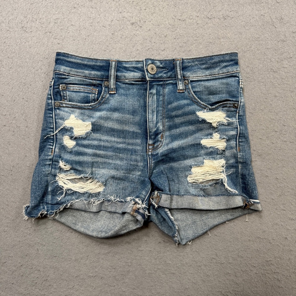 American Eagle Booty Shorts Women's 4 Blue Next Level Stretch Cut Off Distressed